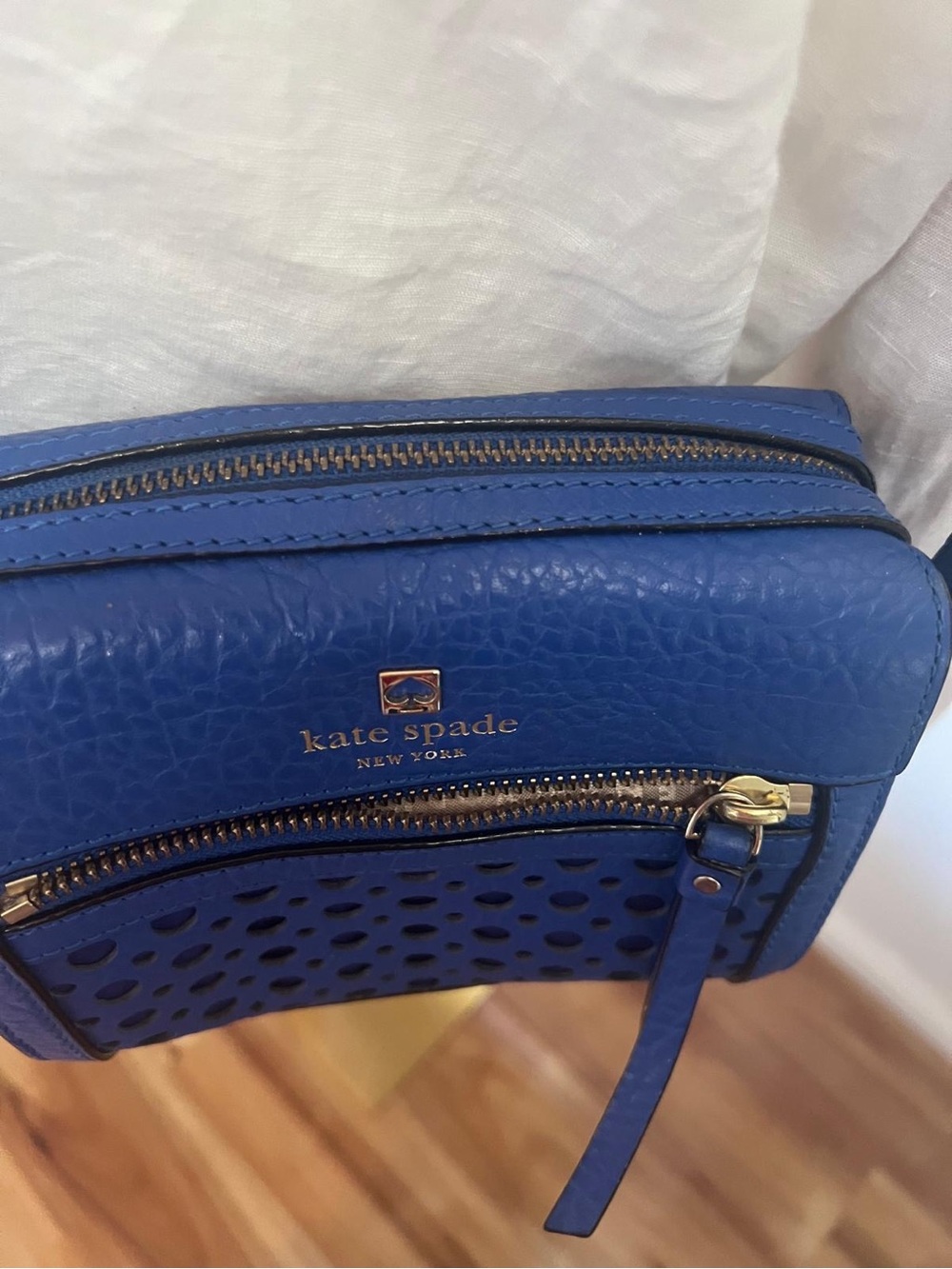 kate spade cobalt blue leather perforated crossbody bag
